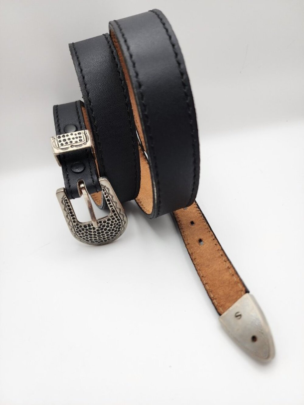 Laredo Western Belt Mens Black Leather Silver Buckle Cowboy Size 34 1" Width